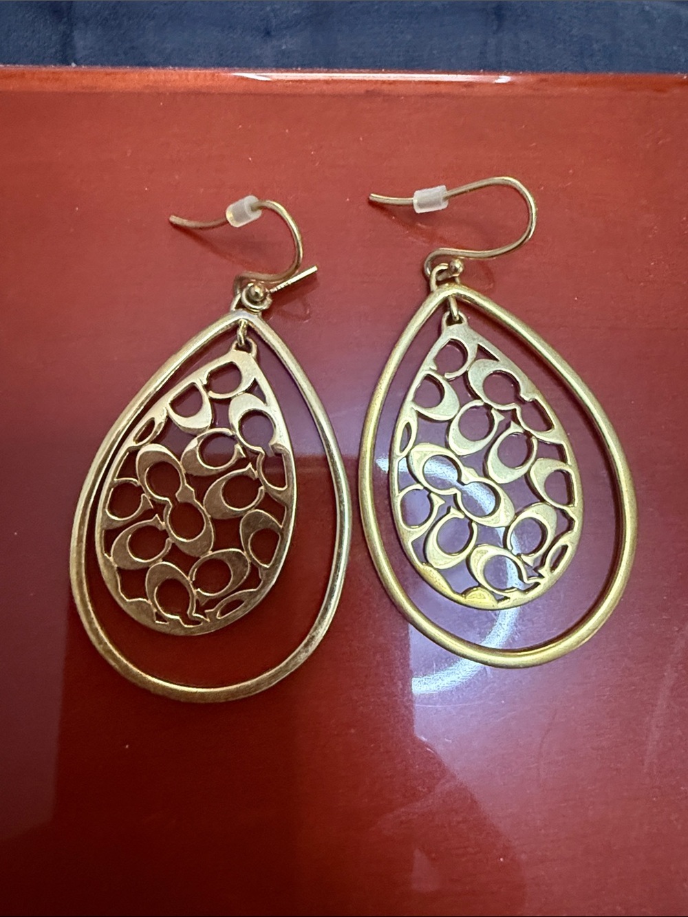COACH Gold Teardrop Filigree Dangle Earrings - Women Jewelry - Picture 3 of 3